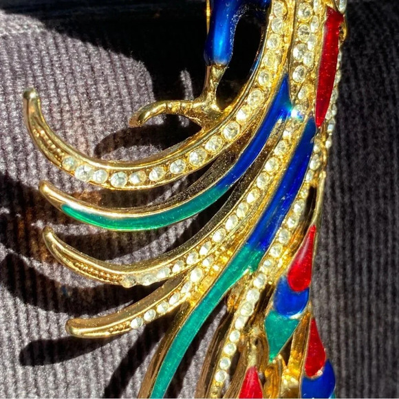 Colorful Bird Brooch In Blue, Red, Green Enamel and Sparkly Rhinestones in Gold - Picture 16 of 16